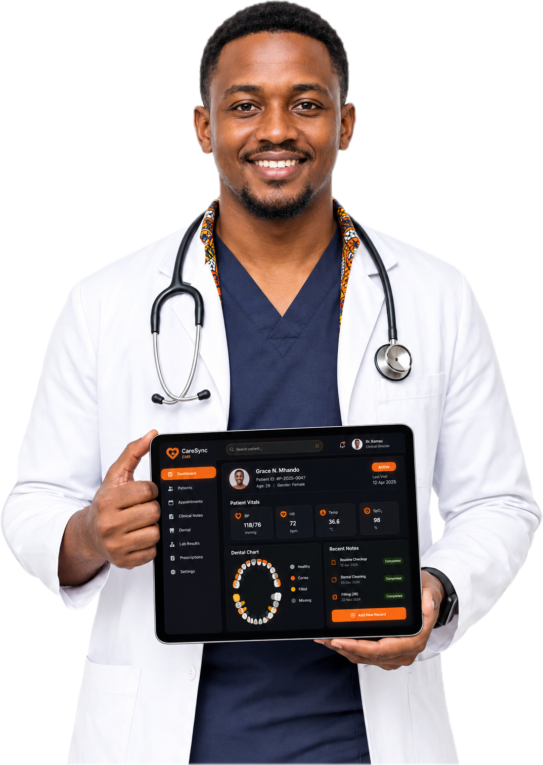 East African clinician in a white coat holding a tablet with the DHS dental chart
