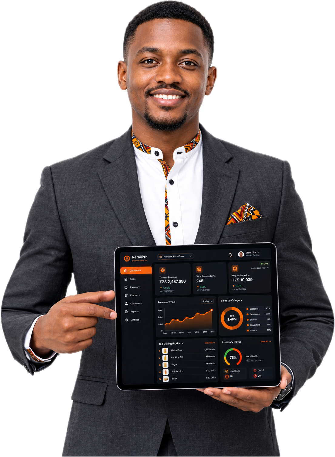 East African retail director in a tailored blazer presenting the DRS analytics dashboard on a tablet