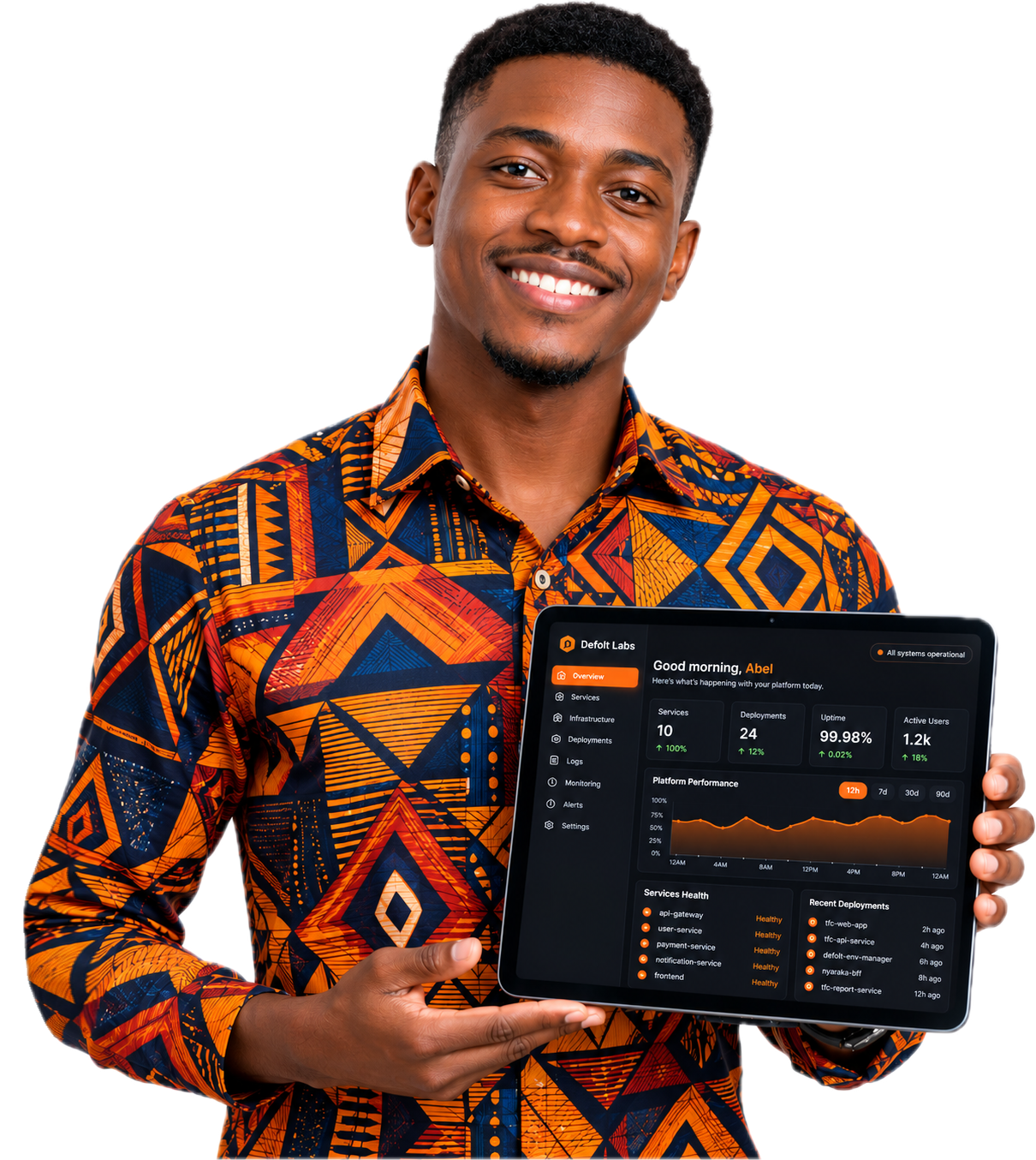 African software engineer in a batik shirt holding a digital tablet